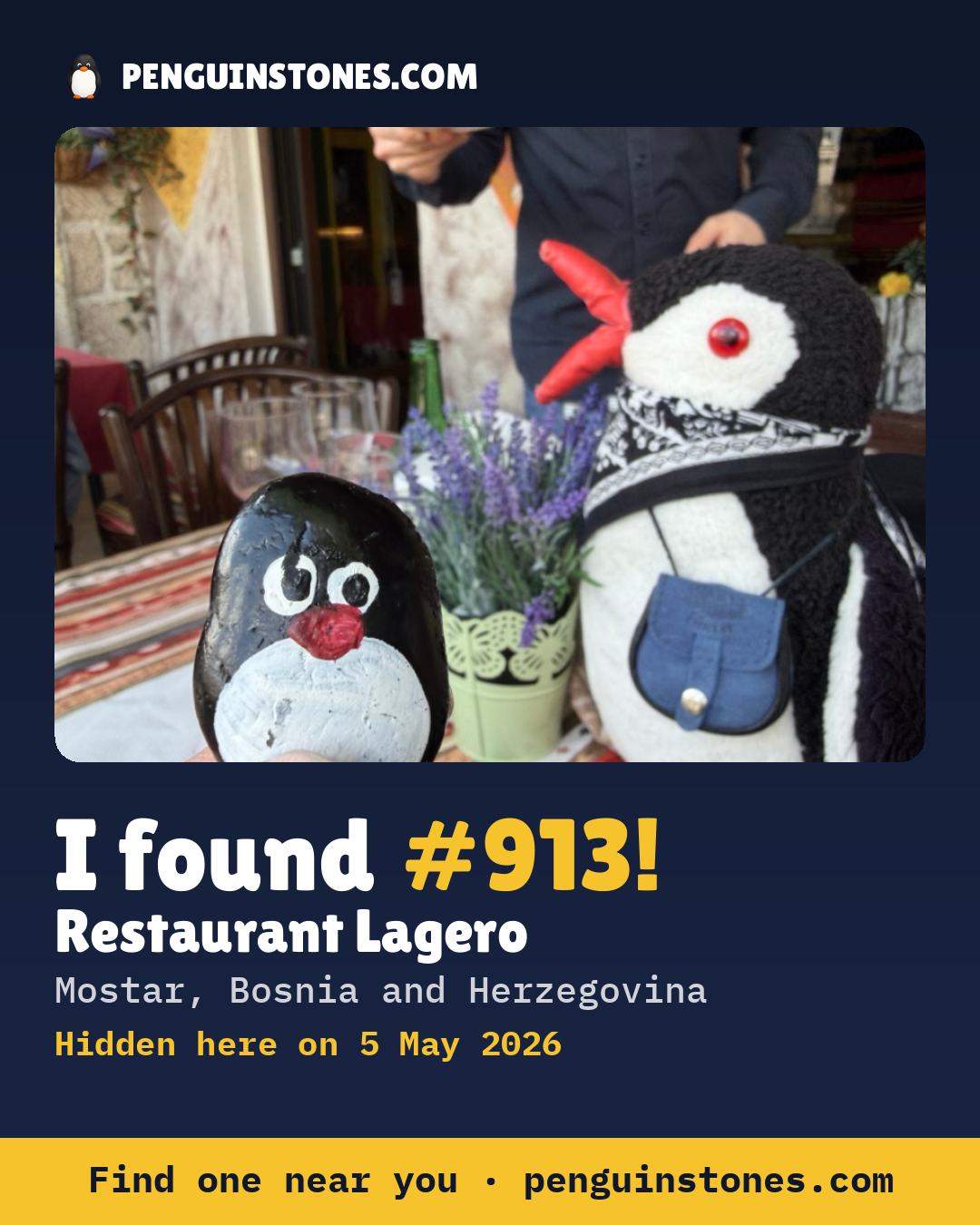 Obrázok s nápisom „I found #913“: fotka kameňa, kde je a ako ďaleko docestoval