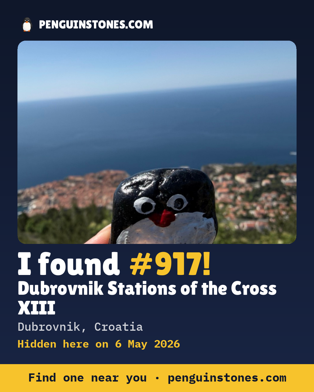 Obrázok s nápisom „I found #917“: fotka kameňa, kde je a ako ďaleko docestoval