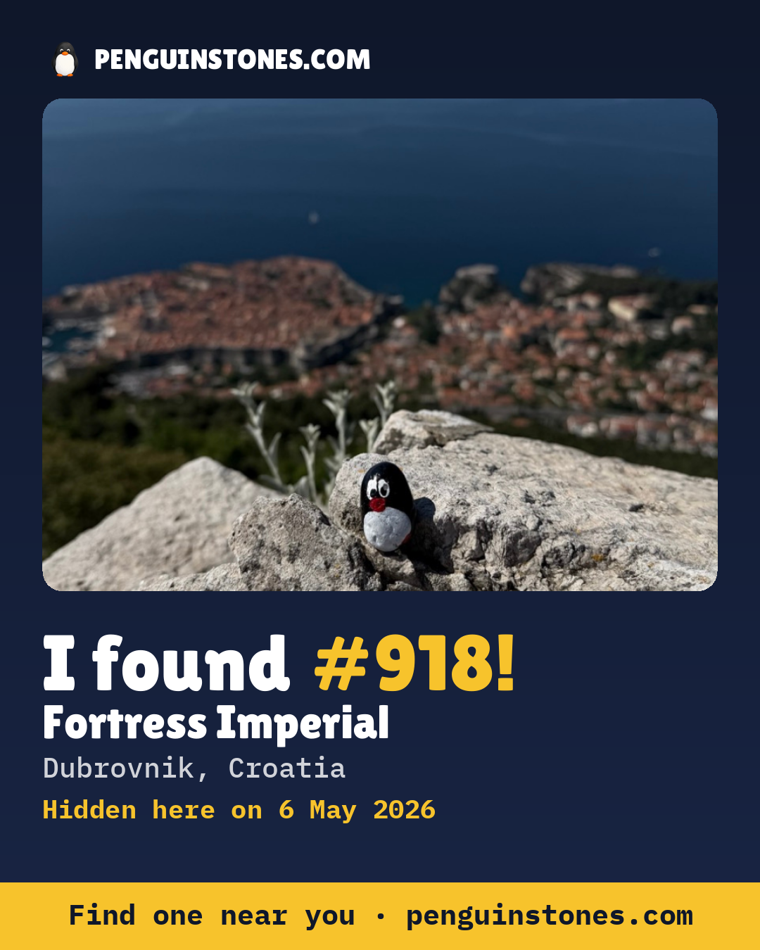 Obrázok s nápisom „I found #918“: fotka kameňa, kde je a ako ďaleko docestoval