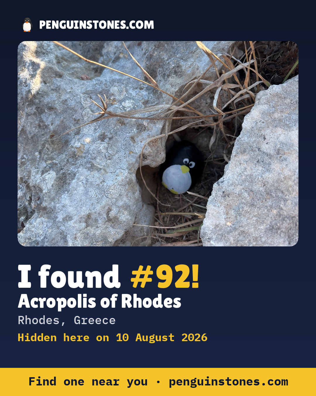 Obrázok s nápisom „I found #92“: fotka kameňa, kde je a ako ďaleko docestoval