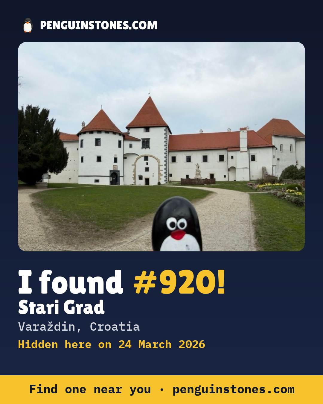 Obrázok s nápisom „I found #920“: fotka kameňa, kde je a ako ďaleko docestoval