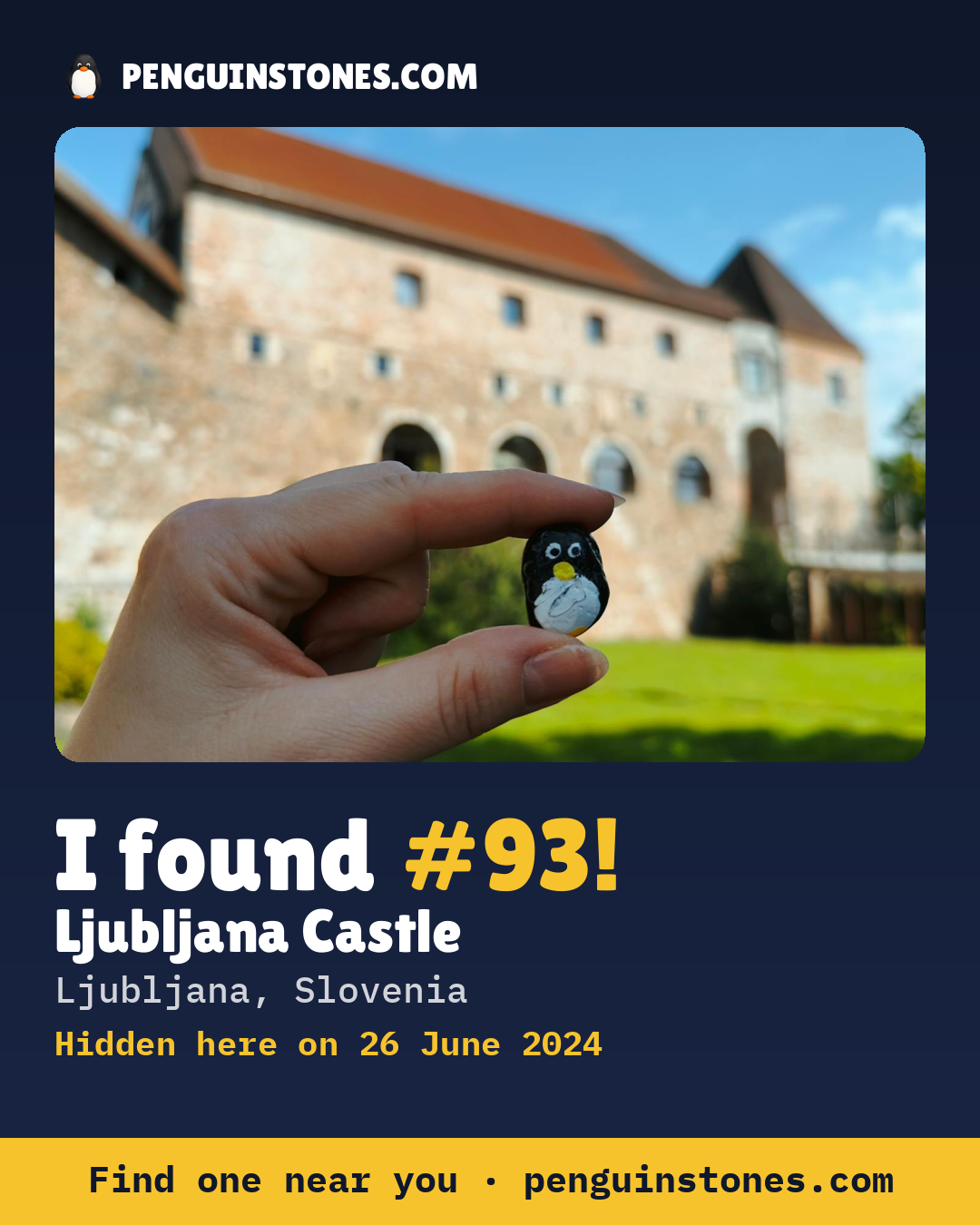 Obrázok s nápisom „I found #93“: fotka kameňa, kde je a ako ďaleko docestoval