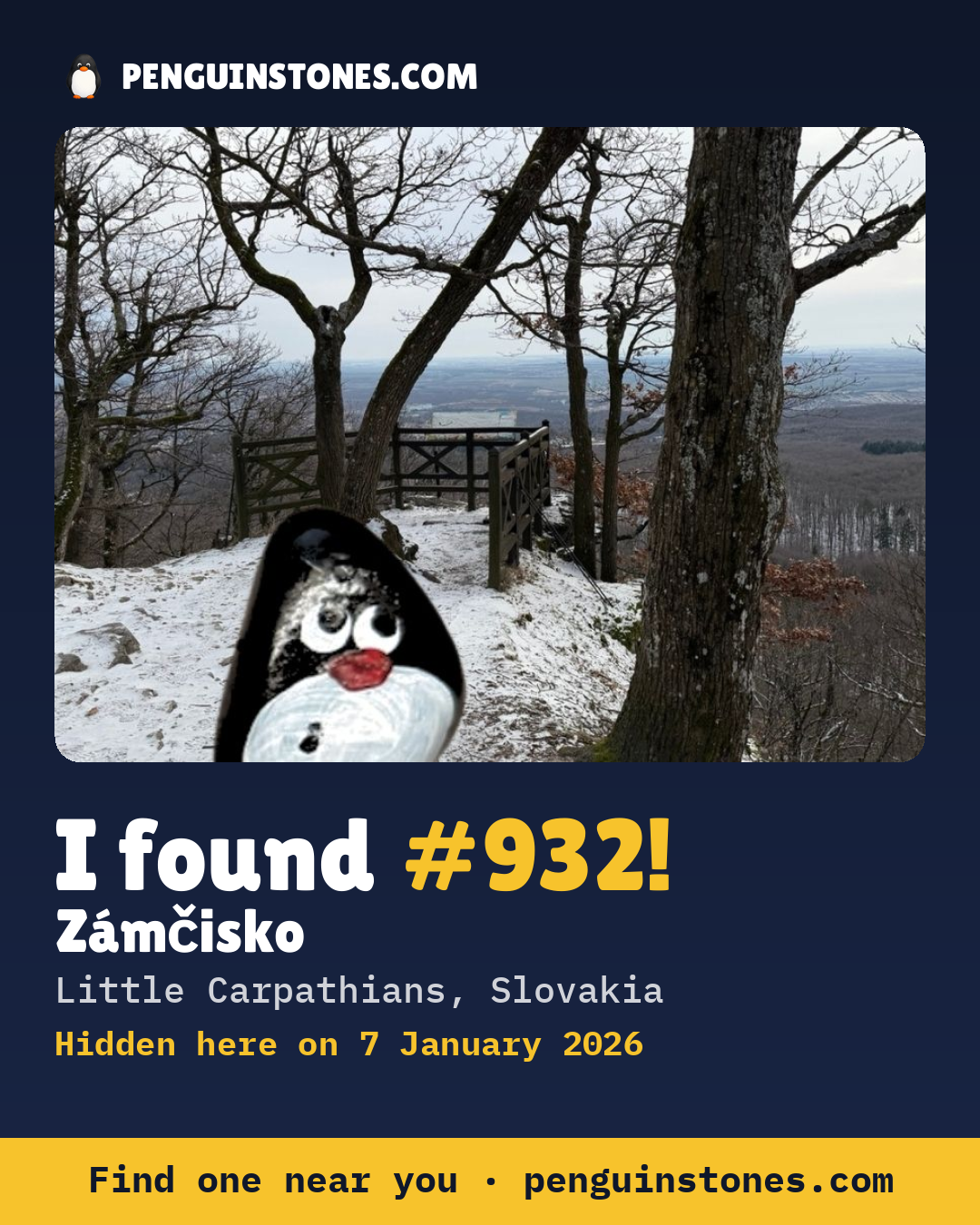Obrázok s nápisom „I found #932“: fotka kameňa, kde je a ako ďaleko docestoval