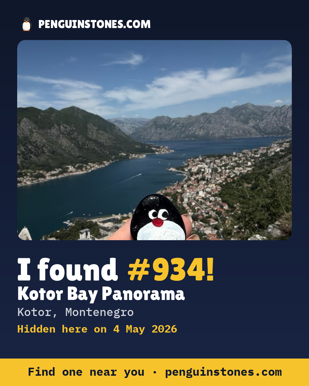 Obrázok s nápisom „I found #934“: fotka kameňa, kde je a ako ďaleko docestoval
