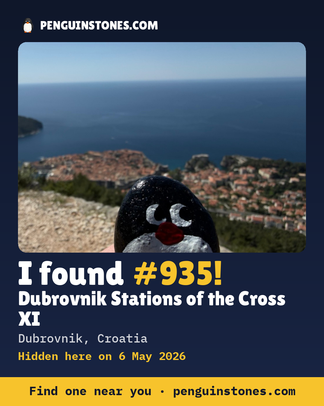 Obrázok s nápisom „I found #935“: fotka kameňa, kde je a ako ďaleko docestoval