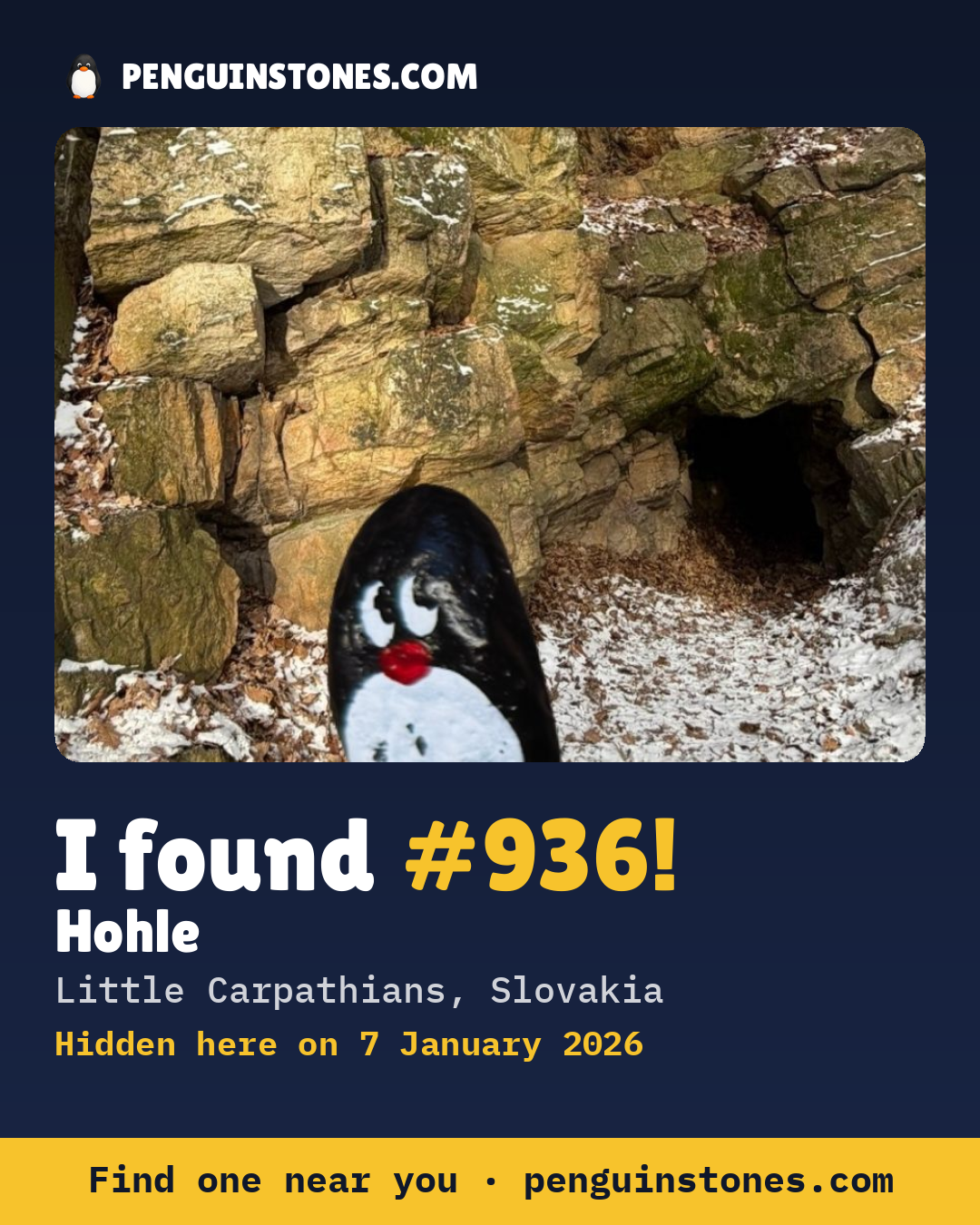 Obrázok s nápisom „I found #936“: fotka kameňa, kde je a ako ďaleko docestoval