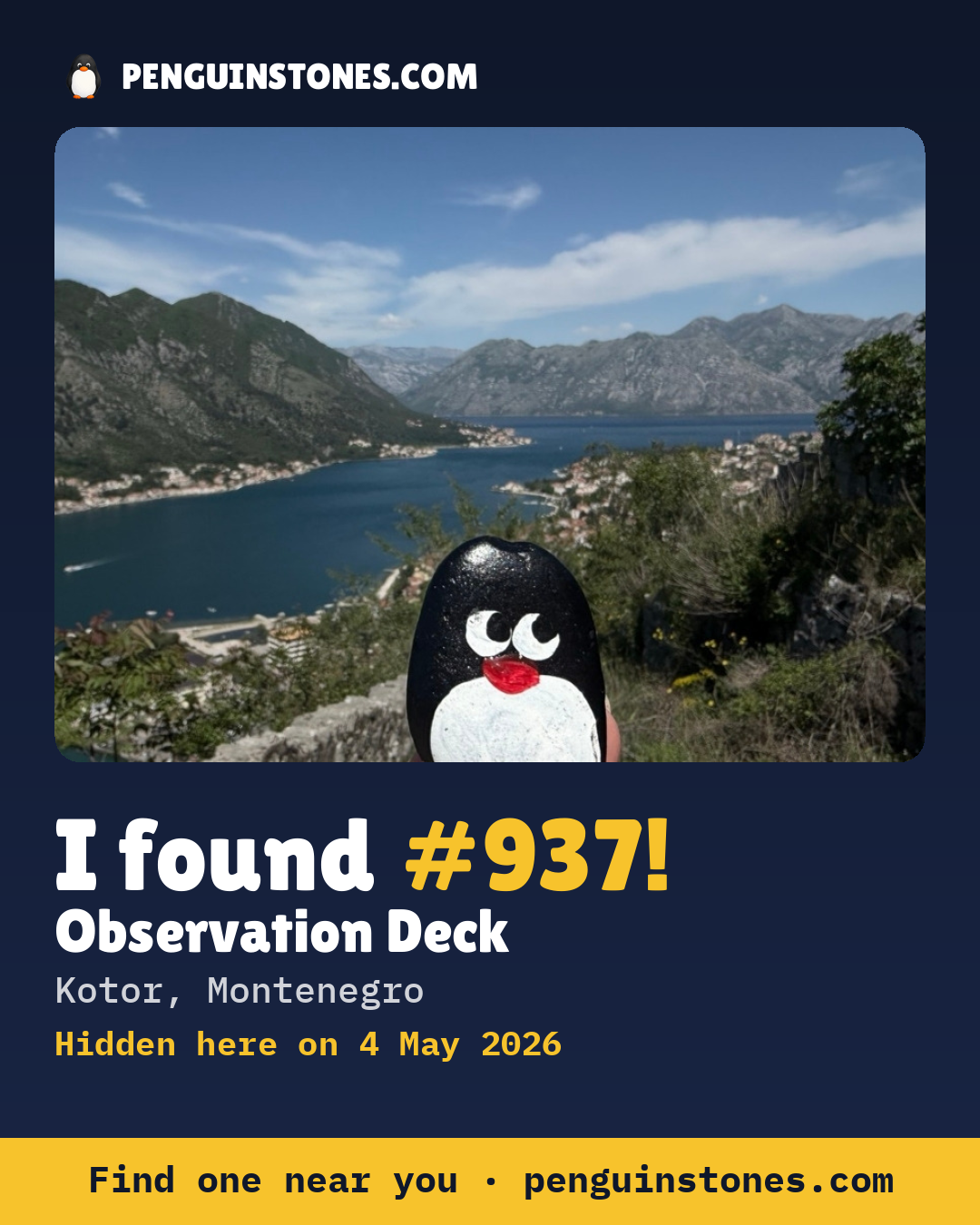 Obrázok s nápisom „I found #937“: fotka kameňa, kde je a ako ďaleko docestoval