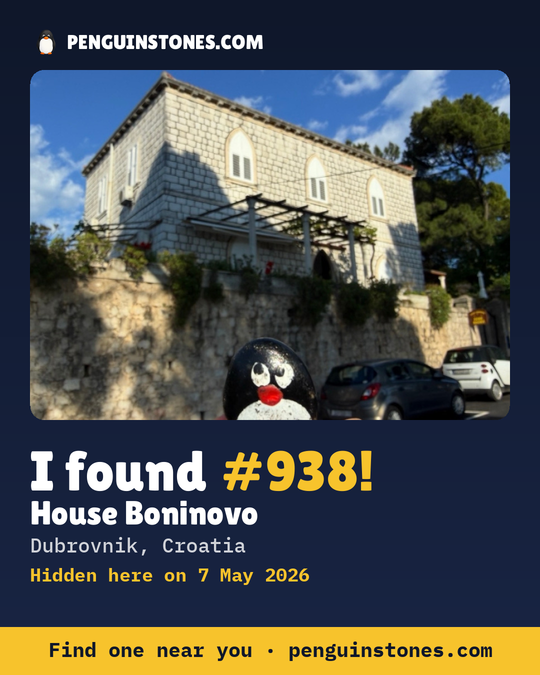 Obrázok s nápisom „I found #938“: fotka kameňa, kde je a ako ďaleko docestoval