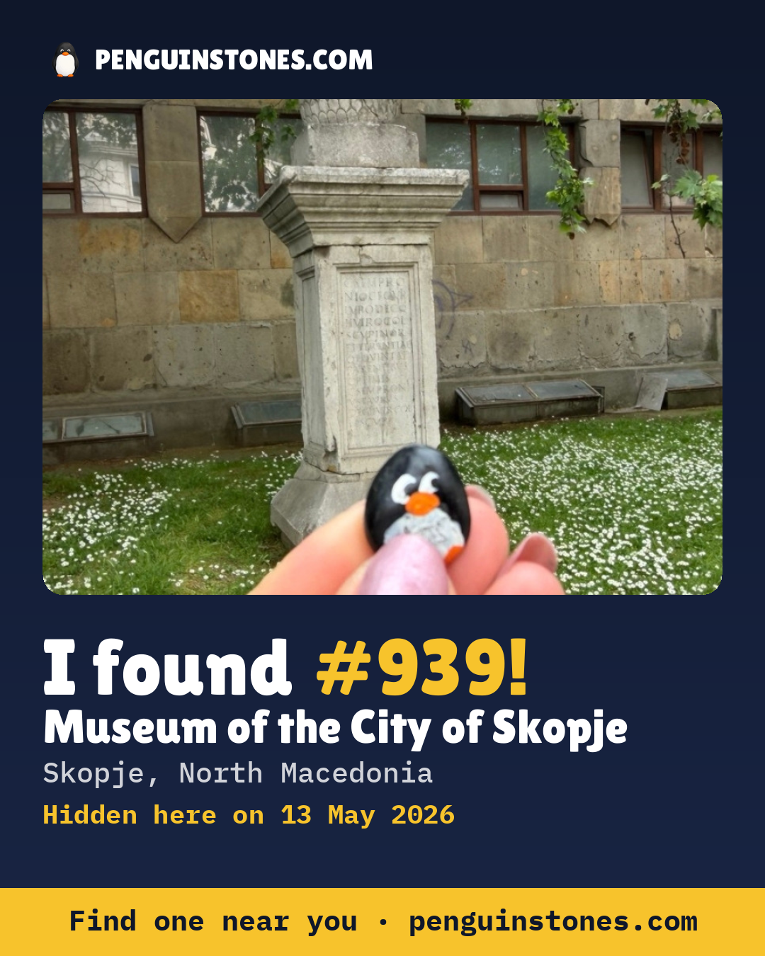 Obrázok s nápisom „I found #939“: fotka kameňa, kde je a ako ďaleko docestoval