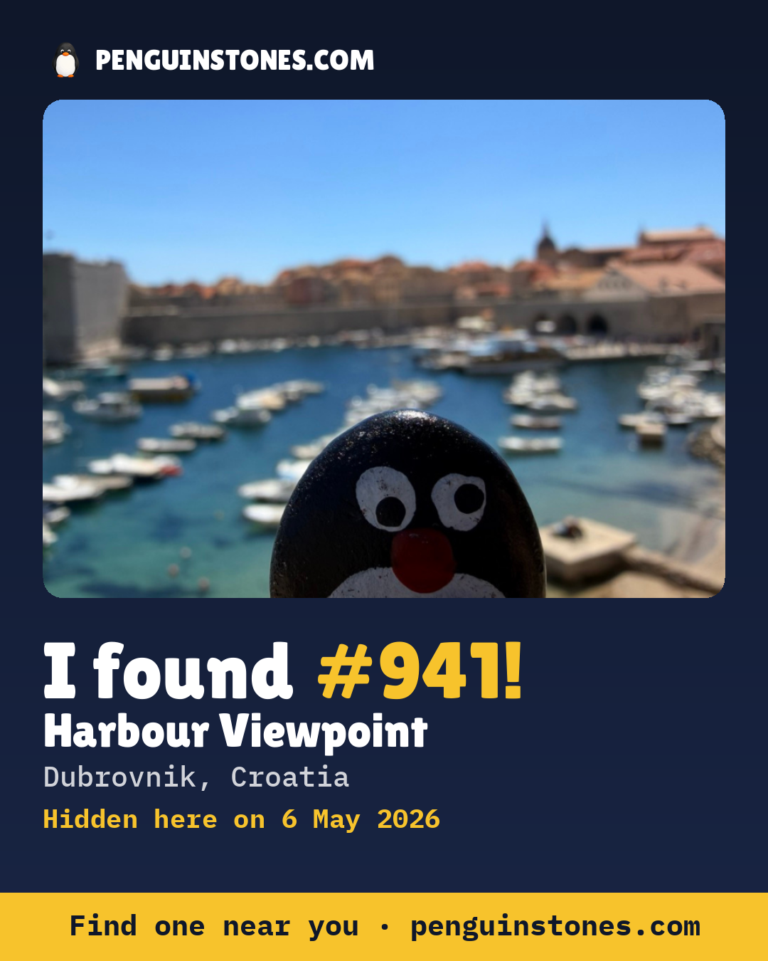 Obrázok s nápisom „I found #941“: fotka kameňa, kde je a ako ďaleko docestoval