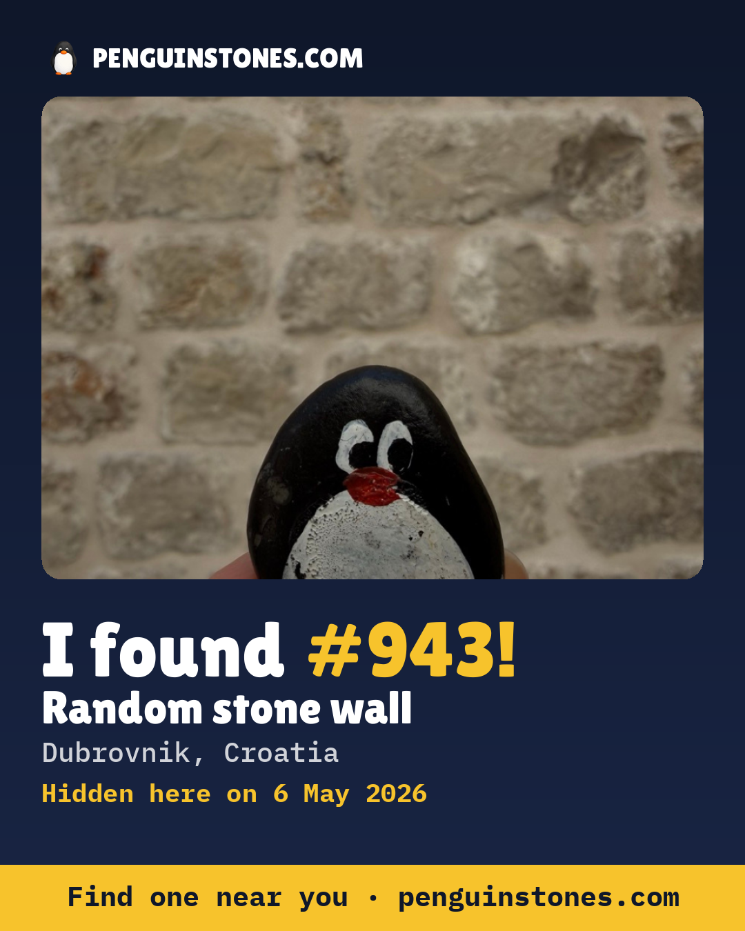 Obrázok s nápisom „I found #943“: fotka kameňa, kde je a ako ďaleko docestoval