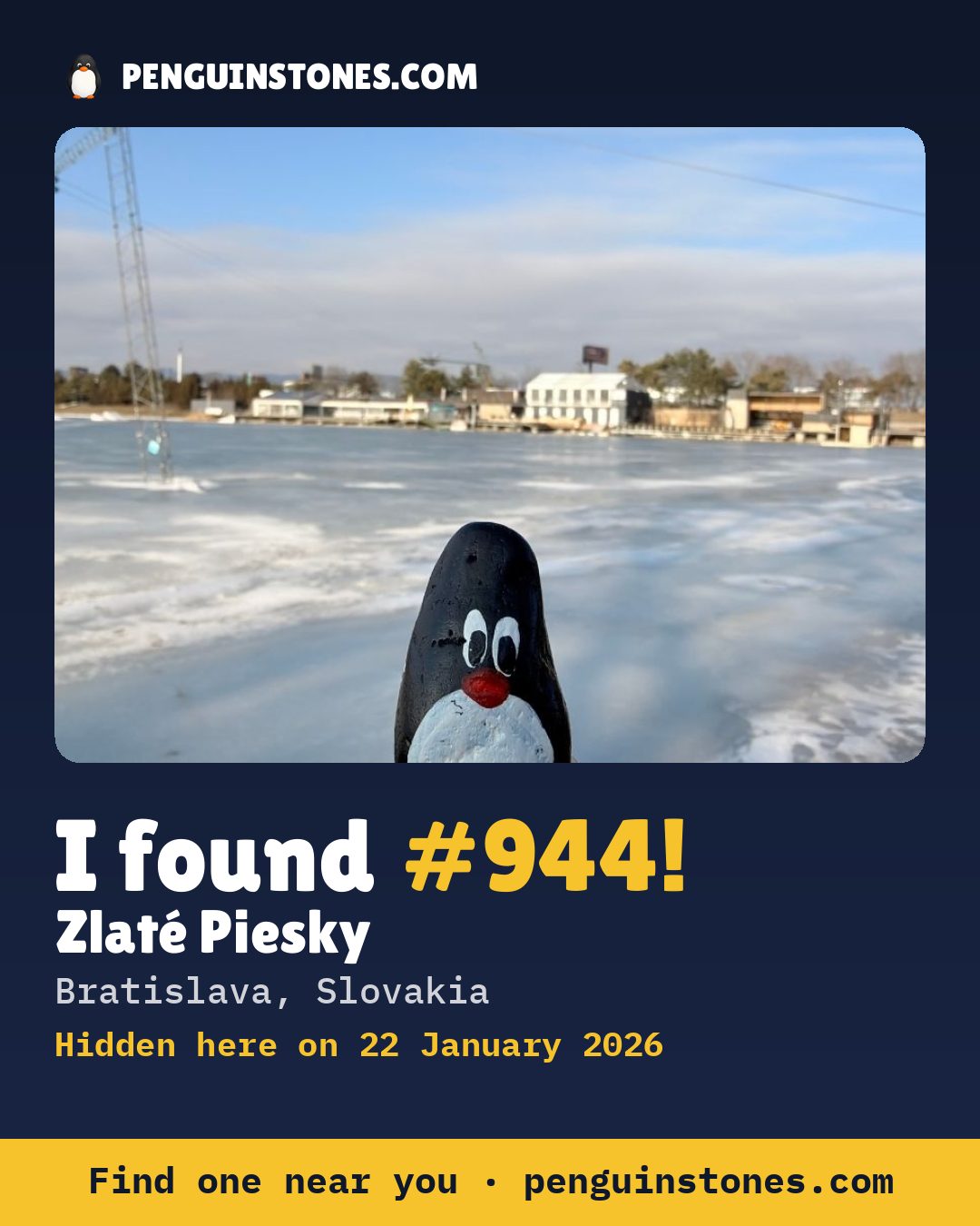 Obrázok s nápisom „I found #944“: fotka kameňa, kde je a ako ďaleko docestoval