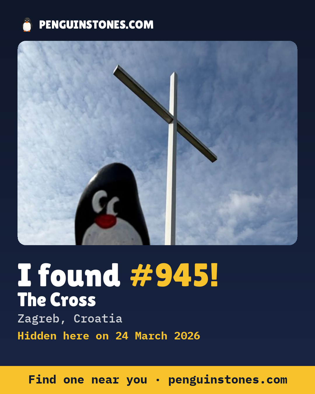 Obrázok s nápisom „I found #945“: fotka kameňa, kde je a ako ďaleko docestoval
