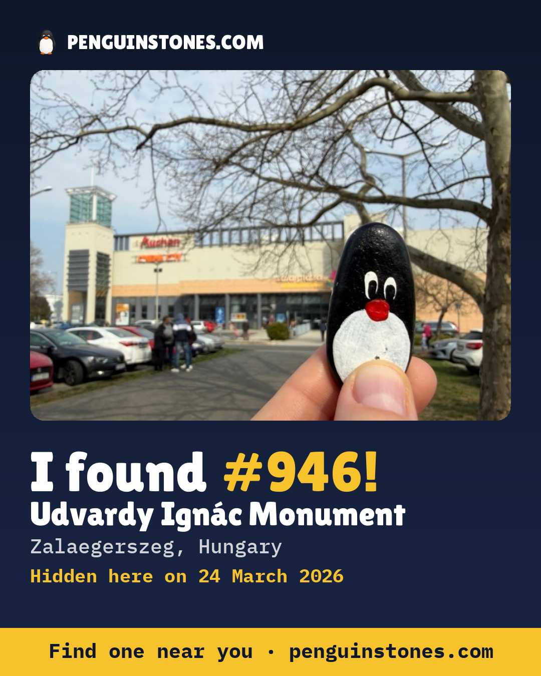Obrázok s nápisom „I found #946“: fotka kameňa, kde je a ako ďaleko docestoval