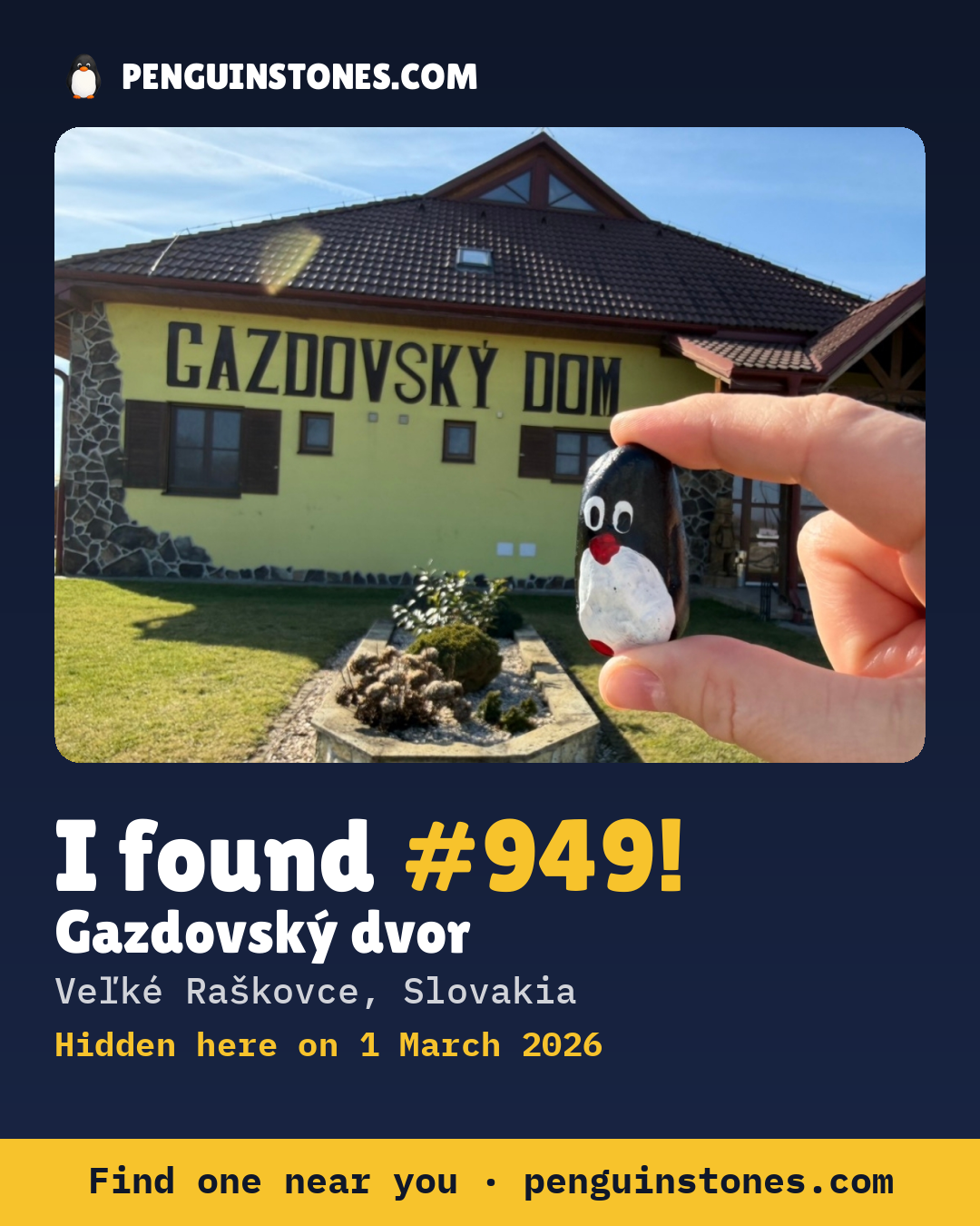 Obrázok s nápisom „I found #949“: fotka kameňa, kde je a ako ďaleko docestoval