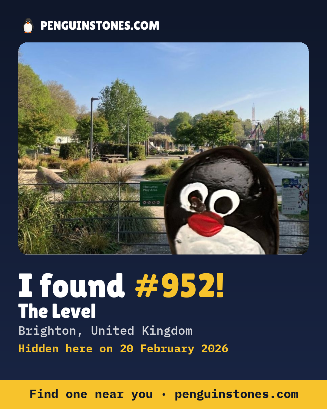 Obrázok s nápisom „I found #952“: fotka kameňa, kde je a ako ďaleko docestoval