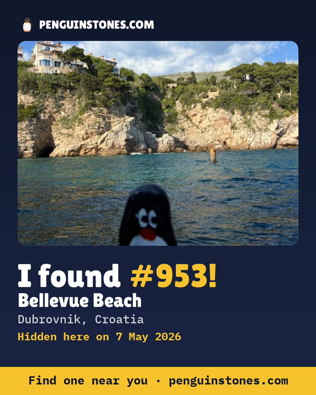 Obrázok s nápisom „I found #953“: fotka kameňa, kde je a ako ďaleko docestoval