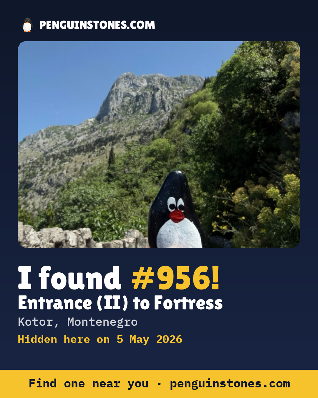 Obrázok s nápisom „I found #956“: fotka kameňa, kde je a ako ďaleko docestoval
