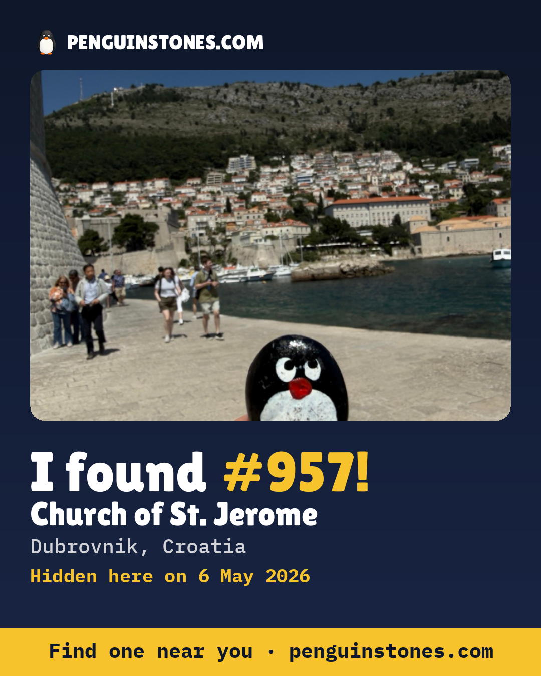Obrázok s nápisom „I found #957“: fotka kameňa, kde je a ako ďaleko docestoval