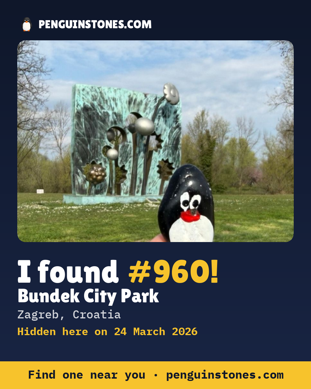 Obrázok s nápisom „I found #960“: fotka kameňa, kde je a ako ďaleko docestoval