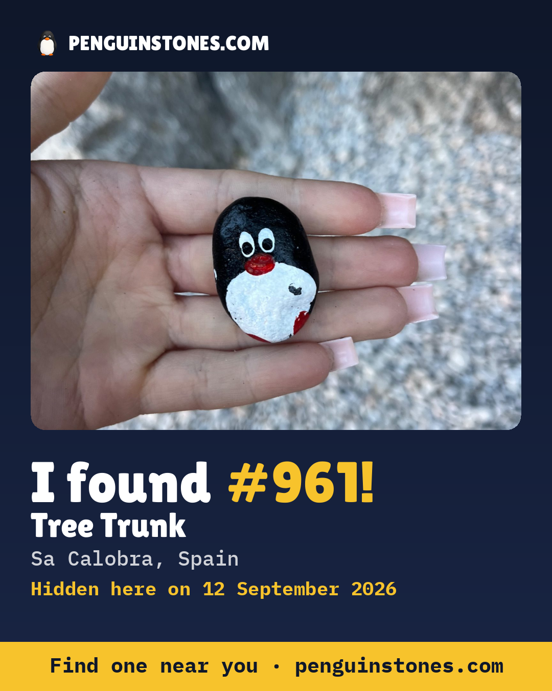 Obrázok s nápisom „I found #961“: fotka kameňa, kde je a ako ďaleko docestoval