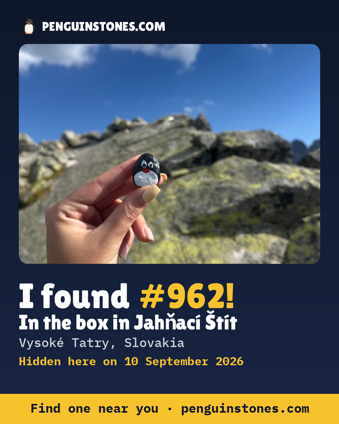 Obrázok s nápisom „I found #962“: fotka kameňa, kde je a ako ďaleko docestoval