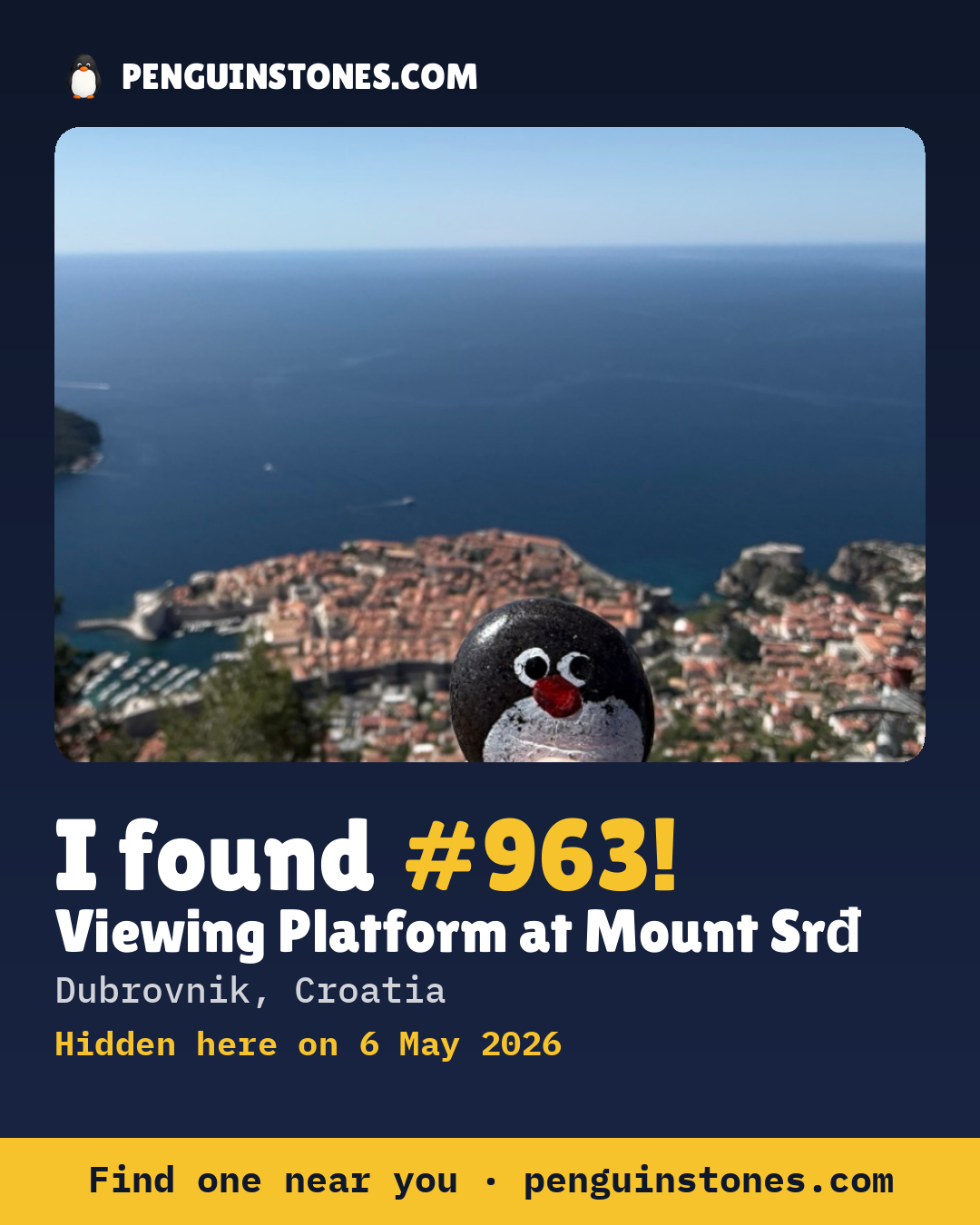 Obrázok s nápisom „I found #963“: fotka kameňa, kde je a ako ďaleko docestoval