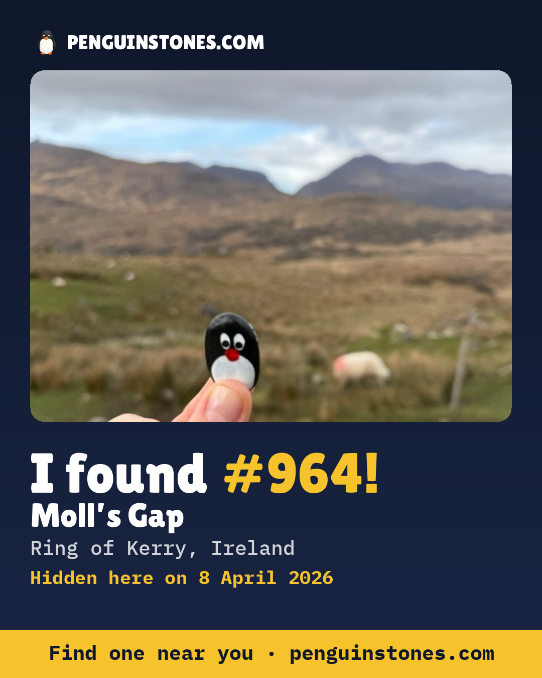 Obrázok s nápisom „I found #964“: fotka kameňa, kde je a ako ďaleko docestoval