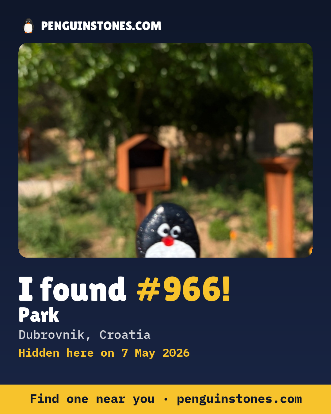 Obrázok s nápisom „I found #966“: fotka kameňa, kde je a ako ďaleko docestoval