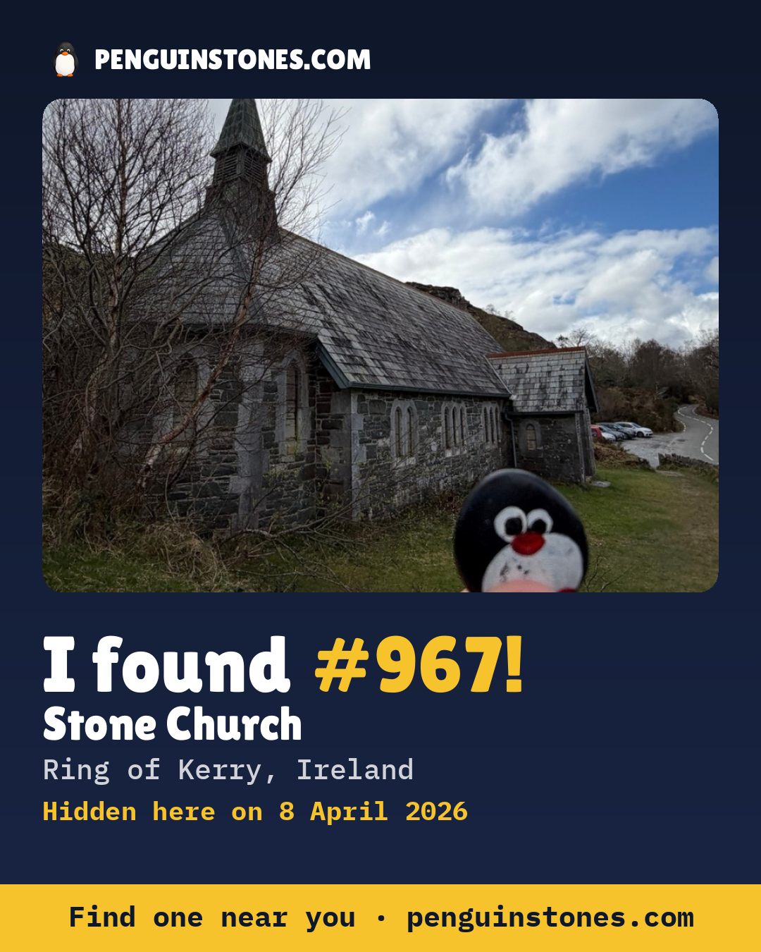 Obrázok s nápisom „I found #967“: fotka kameňa, kde je a ako ďaleko docestoval