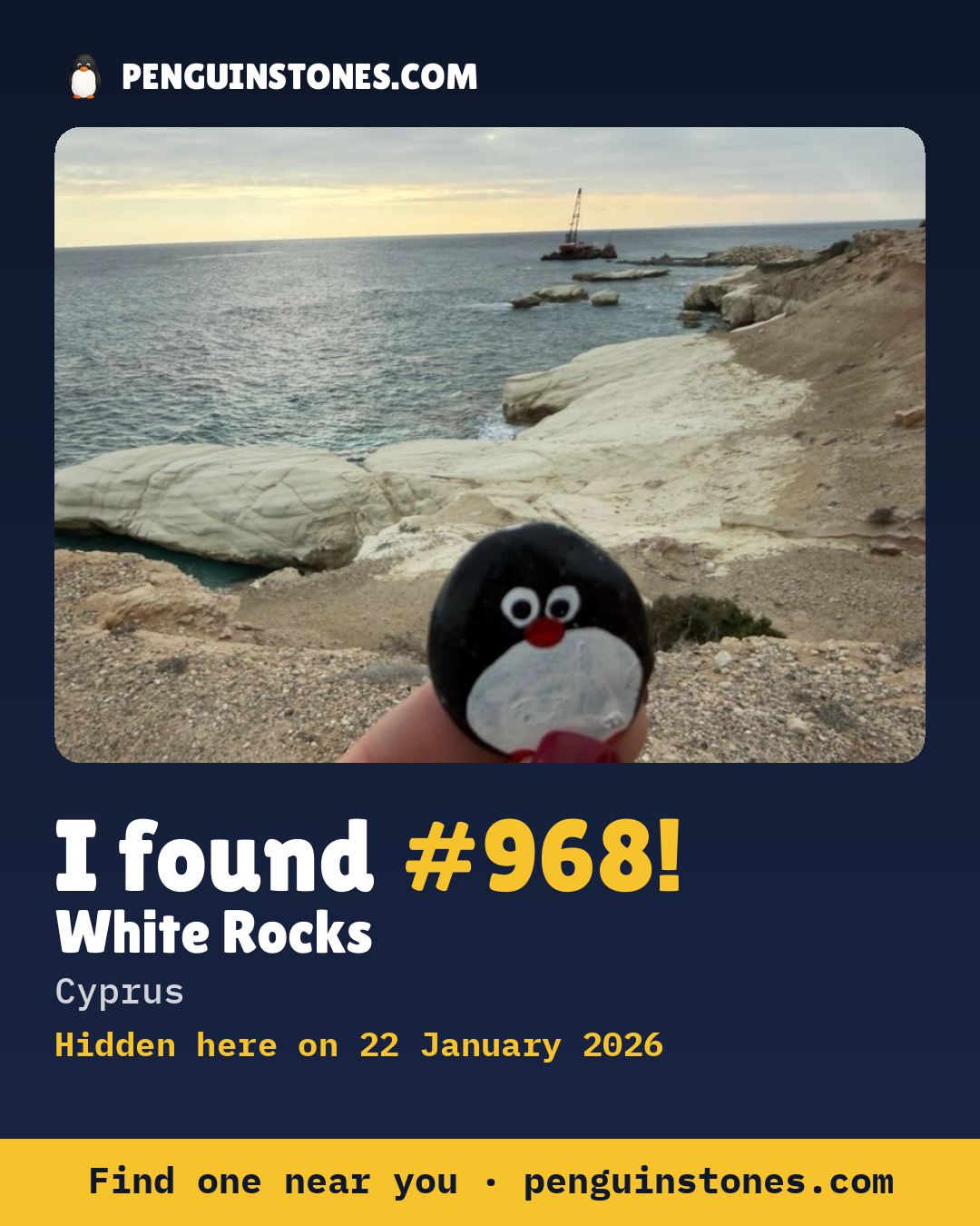Obrázok s nápisom „I found #968“: fotka kameňa, kde je a ako ďaleko docestoval