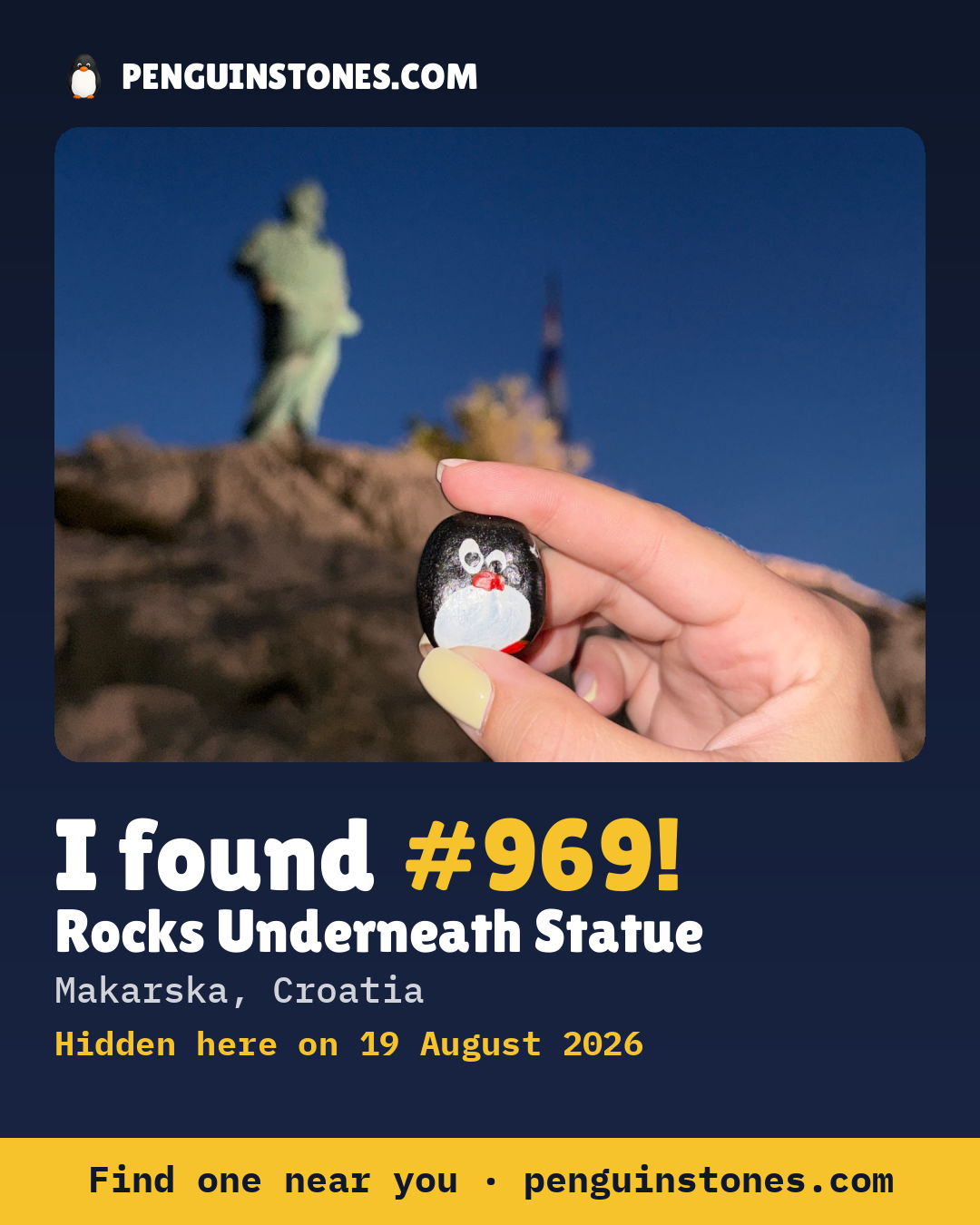 Obrázok s nápisom „I found #969“: fotka kameňa, kde je a ako ďaleko docestoval