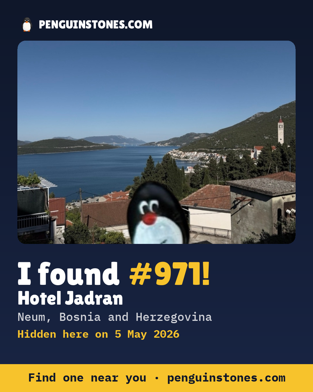 Obrázok s nápisom „I found #971“: fotka kameňa, kde je a ako ďaleko docestoval
