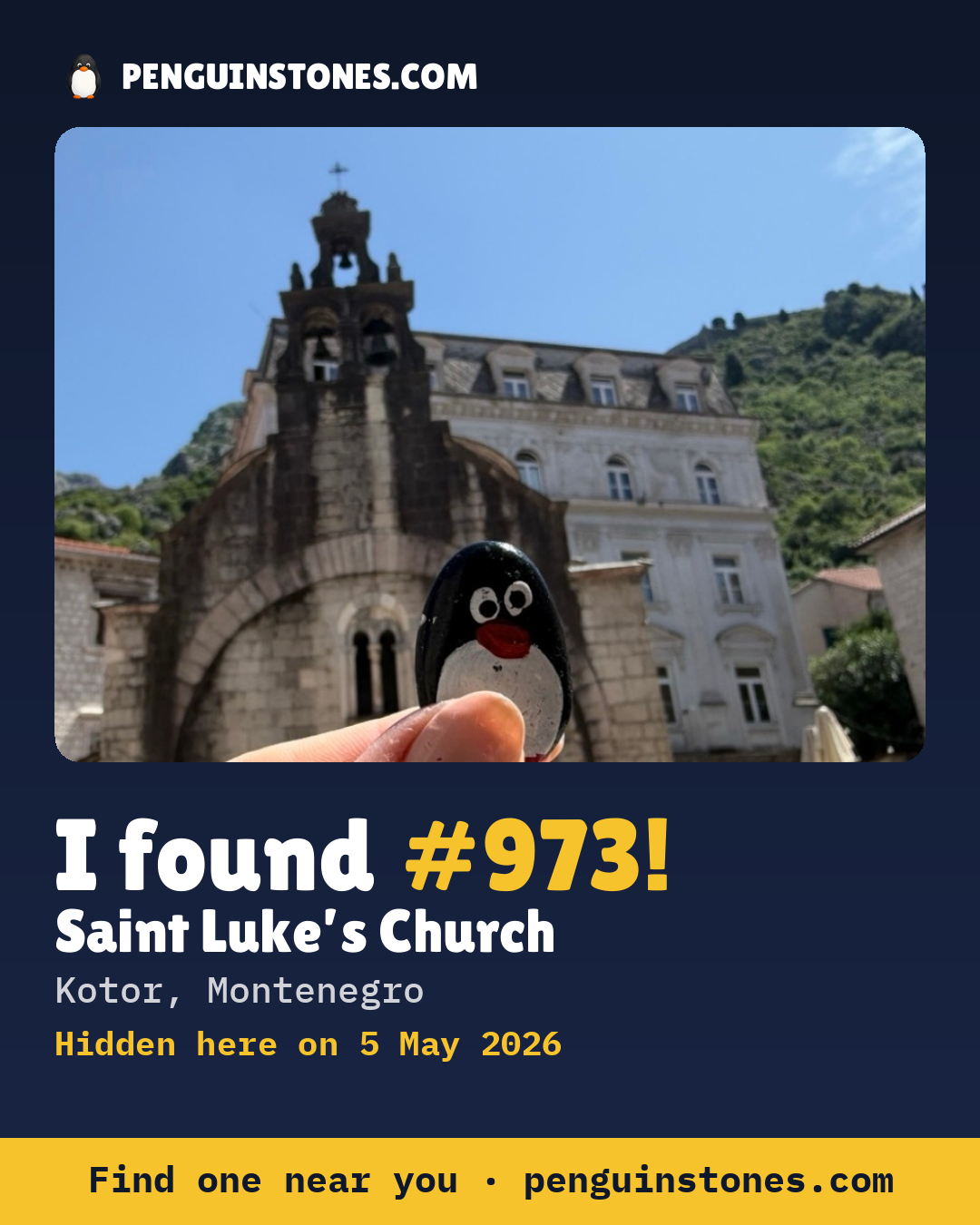 Obrázok s nápisom „I found #973“: fotka kameňa, kde je a ako ďaleko docestoval
