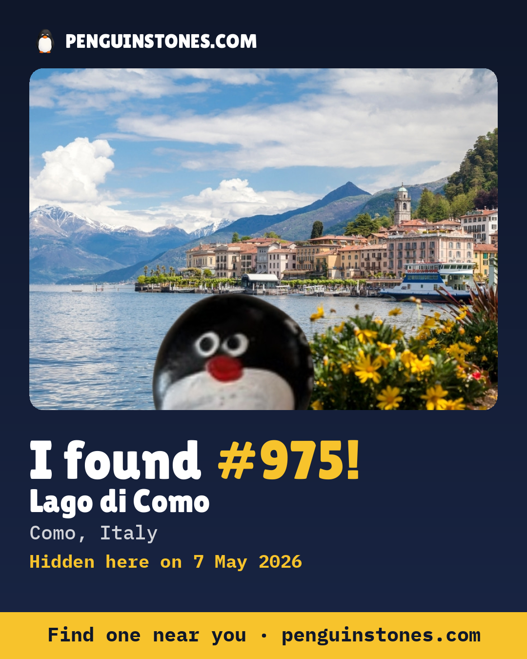 Obrázok s nápisom „I found #975“: fotka kameňa, kde je a ako ďaleko docestoval