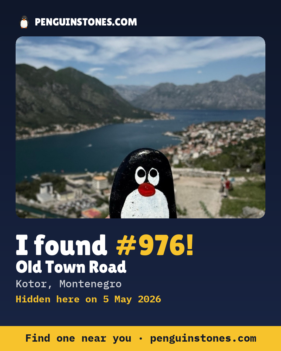 Obrázok s nápisom „I found #976“: fotka kameňa, kde je a ako ďaleko docestoval
