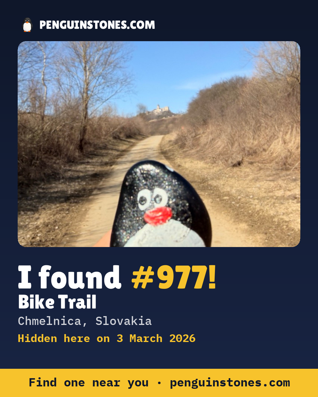 Obrázok s nápisom „I found #977“: fotka kameňa, kde je a ako ďaleko docestoval