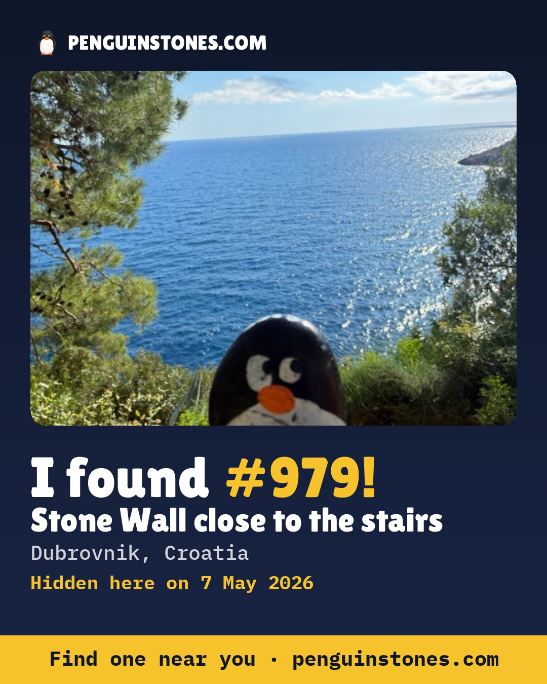 Obrázok s nápisom „I found #979“: fotka kameňa, kde je a ako ďaleko docestoval