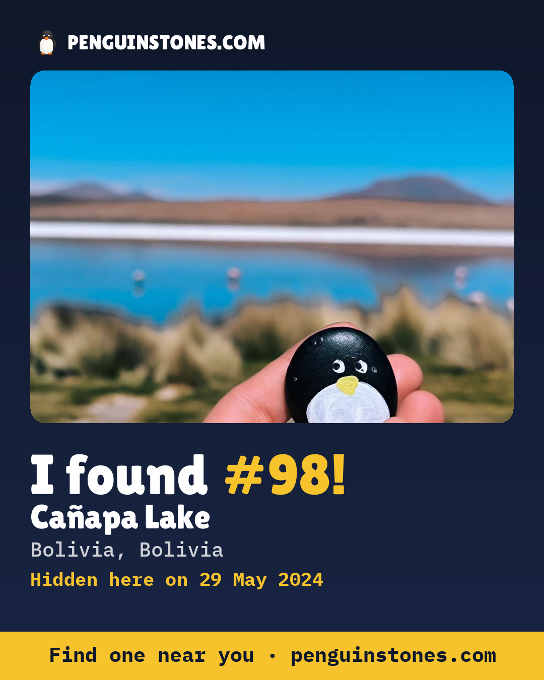 Obrázok s nápisom „I found #98“: fotka kameňa, kde je a ako ďaleko docestoval