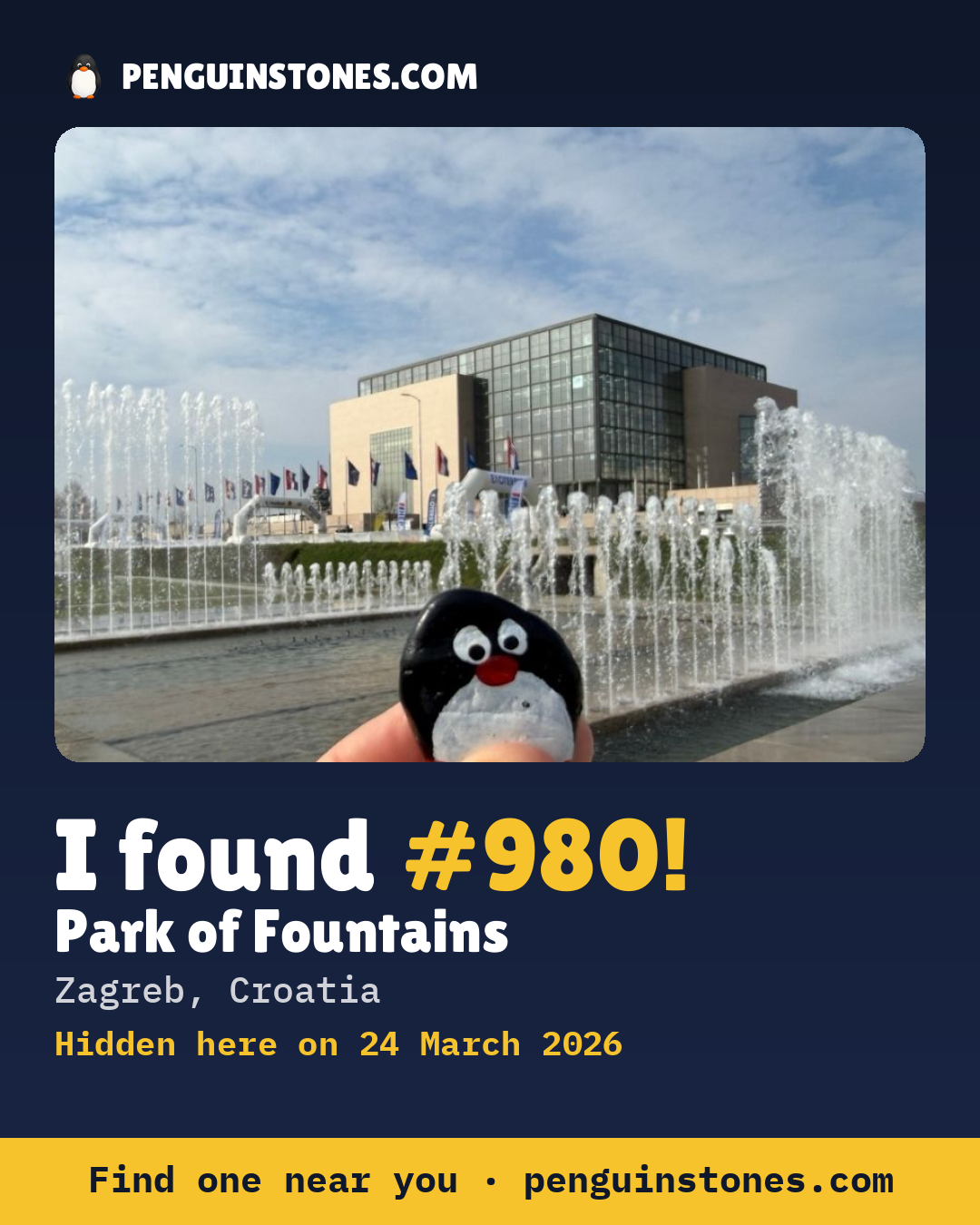 Obrázok s nápisom „I found #980“: fotka kameňa, kde je a ako ďaleko docestoval