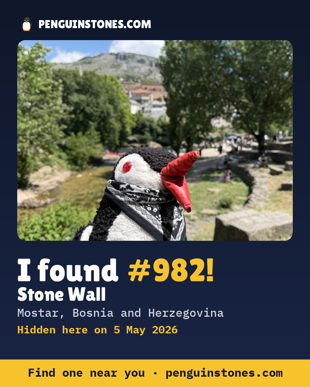Obrázok s nápisom „I found #982“: fotka kameňa, kde je a ako ďaleko docestoval