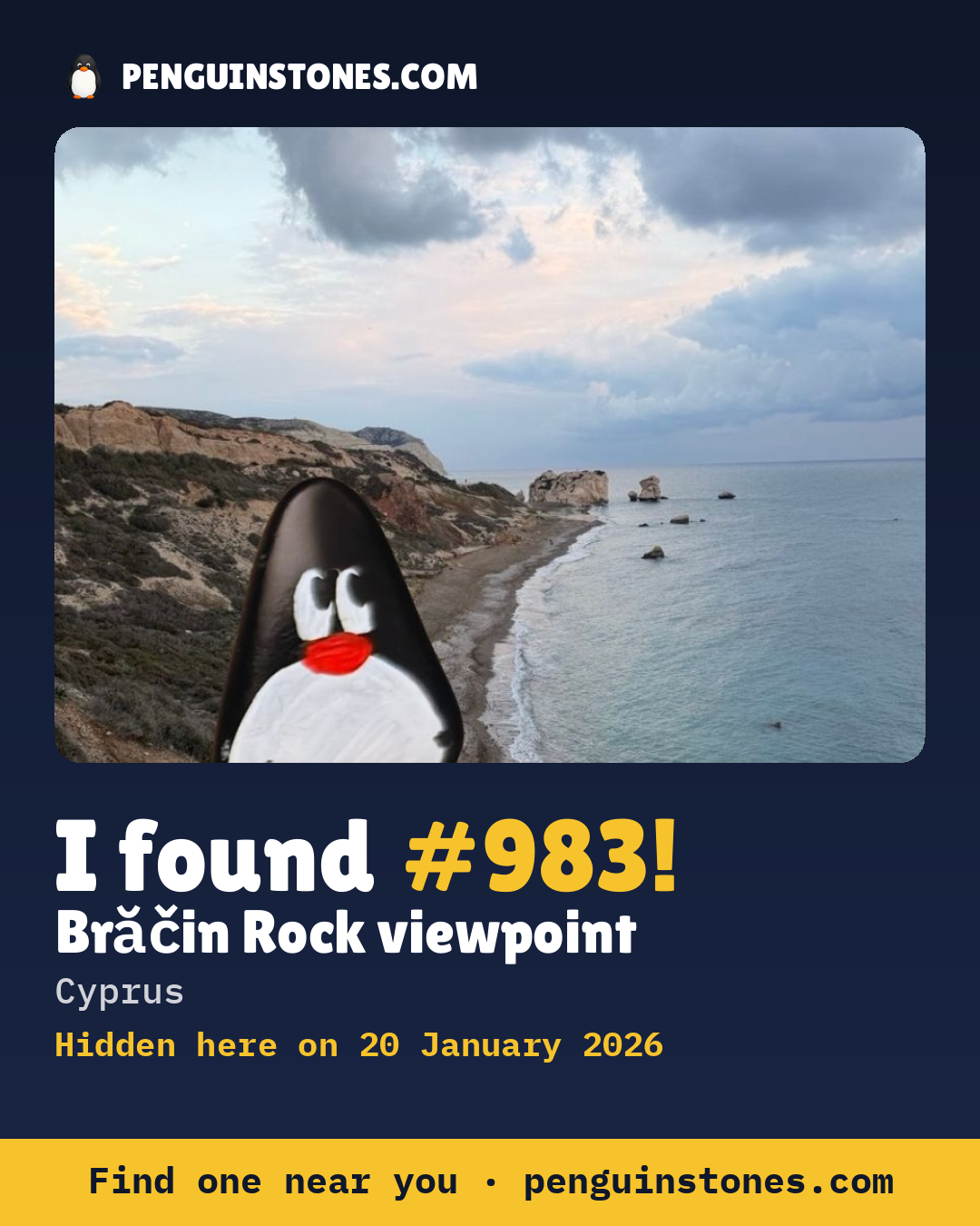Obrázok s nápisom „I found #983“: fotka kameňa, kde je a ako ďaleko docestoval