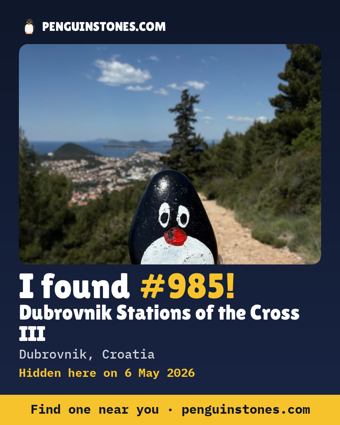 Obrázok s nápisom „I found #985“: fotka kameňa, kde je a ako ďaleko docestoval