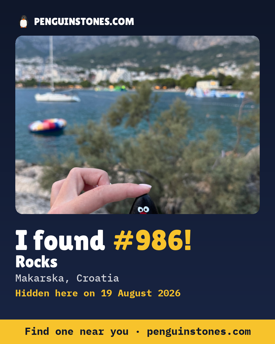 Obrázok s nápisom „I found #986“: fotka kameňa, kde je a ako ďaleko docestoval