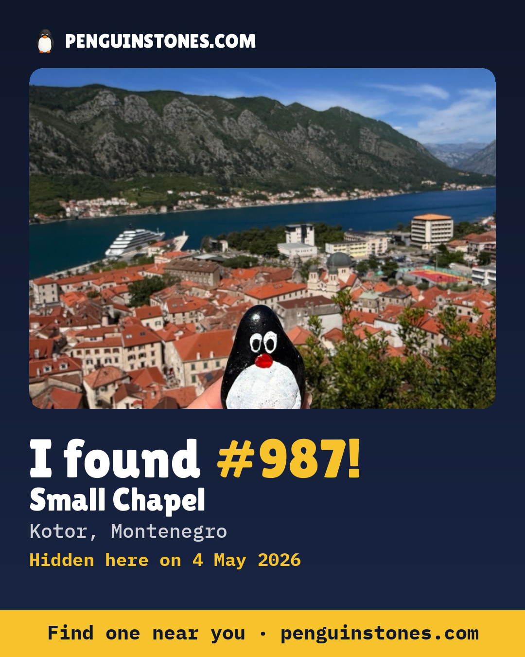 Obrázok s nápisom „I found #987“: fotka kameňa, kde je a ako ďaleko docestoval