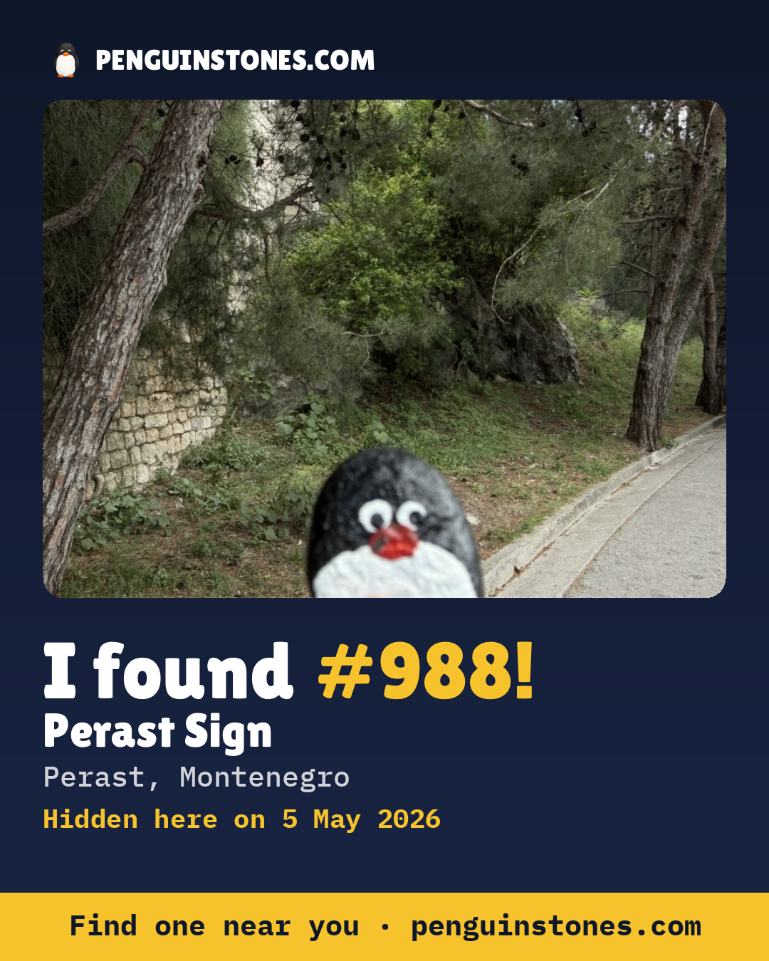 Obrázok s nápisom „I found #988“: fotka kameňa, kde je a ako ďaleko docestoval