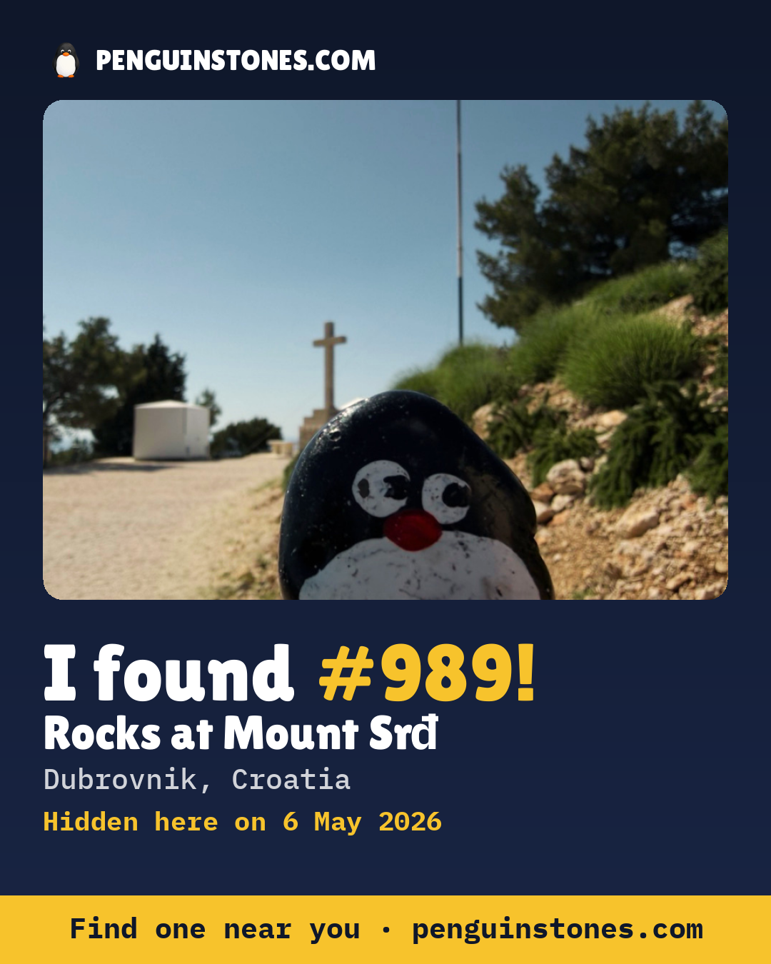 Obrázok s nápisom „I found #989“: fotka kameňa, kde je a ako ďaleko docestoval