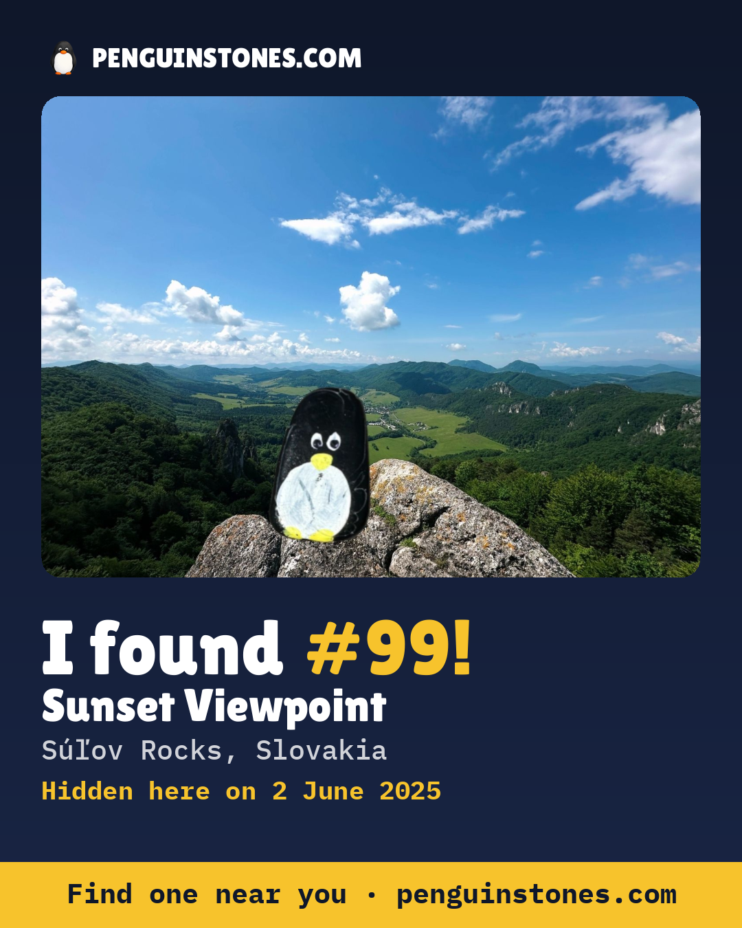 Obrázok s nápisom „I found #99“: fotka kameňa, kde je a ako ďaleko docestoval