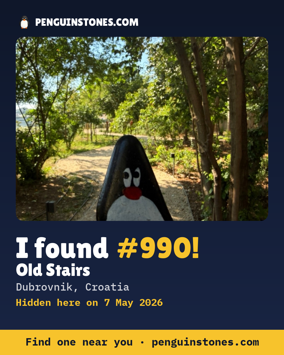 Obrázok s nápisom „I found #990“: fotka kameňa, kde je a ako ďaleko docestoval