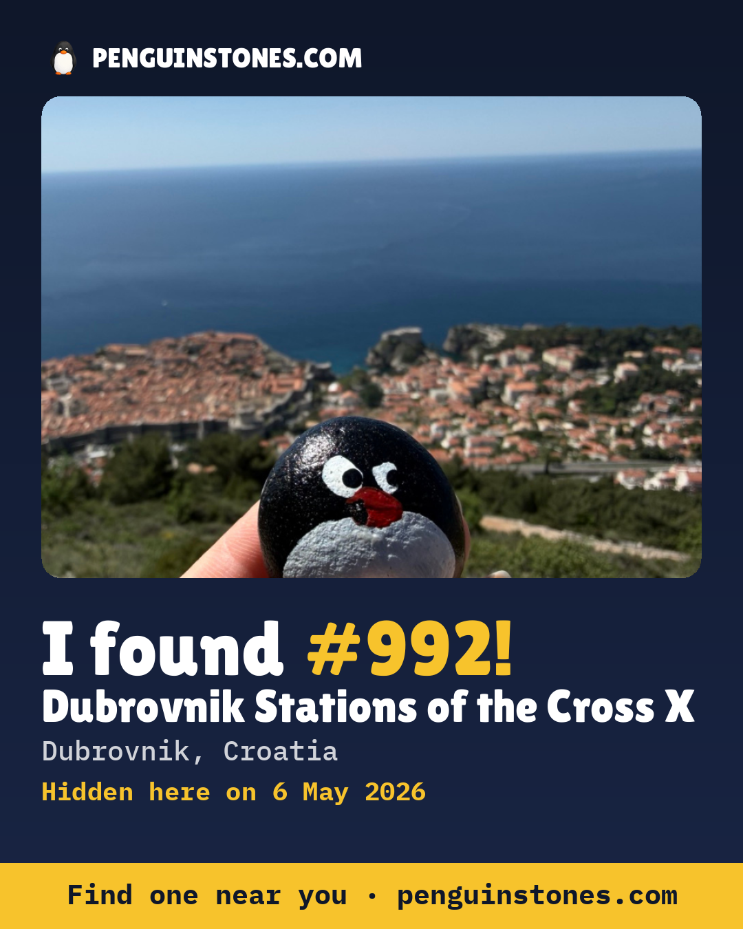 Obrázok s nápisom „I found #992“: fotka kameňa, kde je a ako ďaleko docestoval